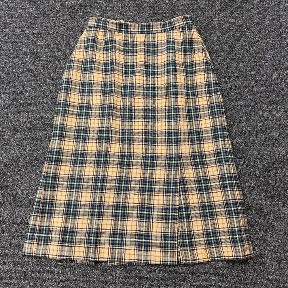 Young Pendleton Wool Plaid Midi Skirt XS Tartan Tan Green USA Made 70s Read Vtg